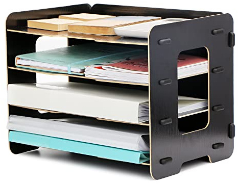 EXERZ Organiseur de fichiers en bois à 4 niveaux pour bureau, fournitures de bureau, porte-documents, devoirs d'étudiant, travail scolaire, bloc-notes, lettres et magazines (noir)