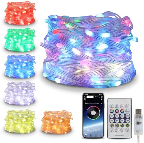 CLYCTIP Lichterkette außen,20M 200LED IP65 Wasserdichte Lichterkette Bunt mit Timer Fernbedienung,Musik Sync,APP Gesteuert,210 Modi USB Lichterkette für Halloween Weihnachten Party Garten Balkone