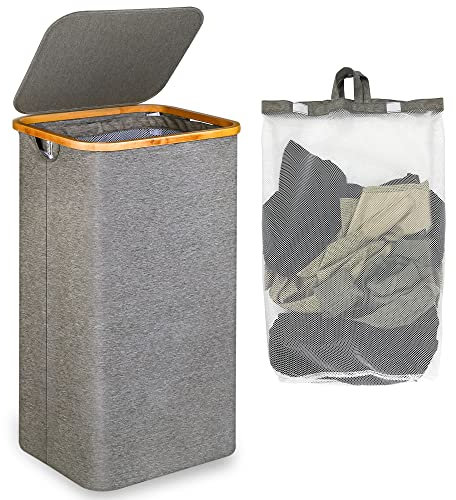 efluky Cesto Alto Grande de 100 L con Tapa y Asas de Bambú para Ropa sucia, Cubo Plegable laundry basket XXL con Bolsa Interior Gris