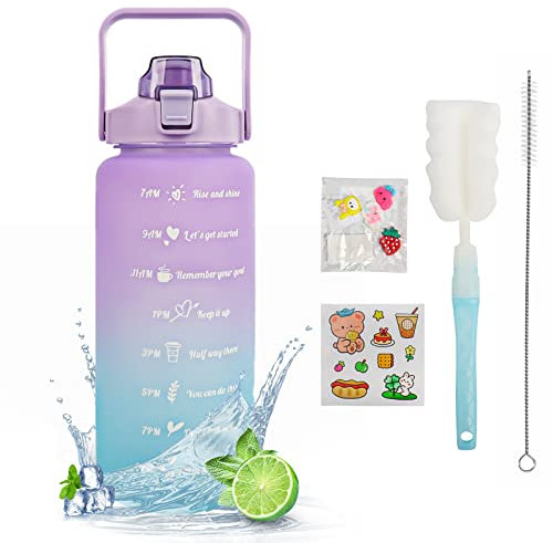 MOMSIV Trinkflasche 2L BPA-Frei, Große Kapazität Auslaufsicher Sport Wasserflasche mit Strohhalm Zeitmarkierungen to Drink & Lock Cover, Tritan-Wasserkrug Sportflasche für Die Fahrrad, Schule, Gym