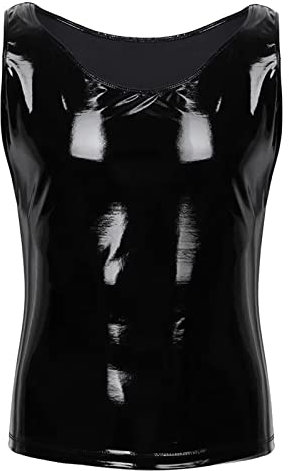 Wetlook Dessous Männer Tank Top Herren Lack Lederoptik Shirt Erotisch Wäsche Sexy Reizunterwäsche Lack-Optik in Schwarz Party Clubwear Schwarz 4XL