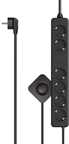 Hama Multiprise 6 Prises Interrupteur à Pied - 16A-3680W (Prise Multiple, 2 alimentées en continu pour Box, Rallonge Electrique 2x1.5m, Securité Enfant, Bloc 6 Prises Schuko Compatible France) Noir