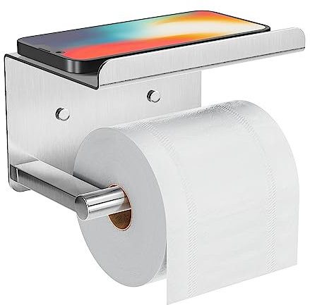 Adhesive Toilet Paper Holder with Phone Shelf, Wall Mounted Toilet Paper Roll Holder, Rustproof Bathroom Tissue Roll Holder with Shelf, Sticky Toilet Paper Roll Holder- Silver