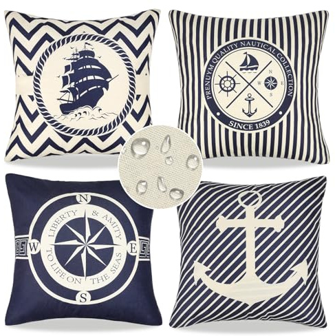 LRartdeco 4er Set Kissenbezug 50x50 Blau Leinen Kissenbezüge Segeln Navigation Kompass Dekorative Kissenhülle Outdoor Wasserdichter Dekokissenbezug für Garten Sofa Wohnzimmer Bett (Blau Streifen)