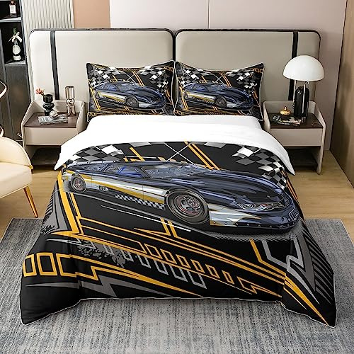 Moderne Rennwagen 100% Baumwolle Bettbezug 135x200 für Jungen,Mode Sport Auto Bettwäsche Set,Schwarz Gelb Grau Geometrische Linien Tröster Abdeckung Raum Dekor,3D Tech Auto Bett Set mit 1 Kissenbezug