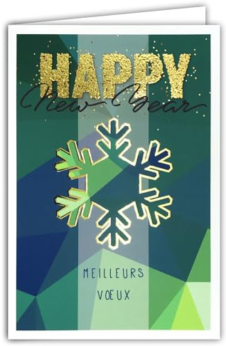 AFIE Karte Happy New Year Beste Wünsche, goldfarben, glänzend, mit weißem Umschlag, Format 12 x 17,5 cm, geometrische Schneeflocke, für ein frohes neues Jahr, hergestellt in Frankreich