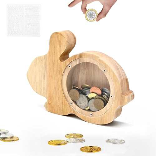 TOTHDATE Holz Spardose Kinder - Hase, Tiere Spardose mit Alphabet Aufkleber Hölzerne Münze Bank Kids Junge Home Decor