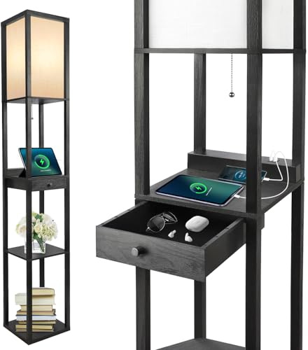 OUTON Shelf Floor Lamp with Drawer, 2 USB-C Ports, LED Column Modern Floor Lamp with USB & Type C Port, 3 Color Temperature, Storage Display Wood Standing Lamp for Living Room, Bedroom, Office(Black)