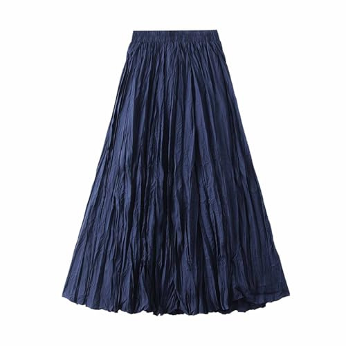 Pleated Elastic High Waist Maxi Skirt - Retro Crinkle Midi - Elegant Summer Casual Slimming Bodycon Solid Color Evening & Special Occasion Dark Blue