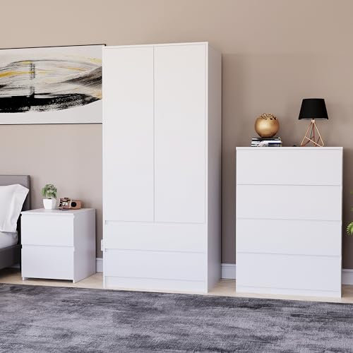 Vida Designs Denver Bedroom Furniture Set (White, 3pc-4 DWR Chest+2 Dr Wardrobe+2 DWR Bedside Table)