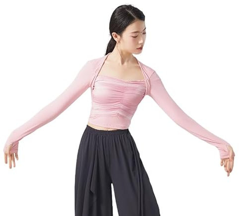 HEARTTOUCH Damen Ballettjacke Tanzshirt Kurz-/Langarm Wickeljacke Strickjacke Ballett Gymnastik Jacke Oberteil Trainingsanzug Tanzbekleidung (Rosa Lang,L,L)