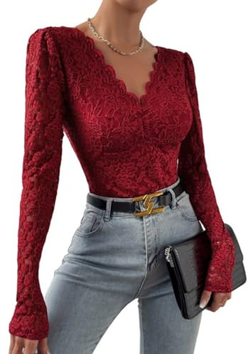 ABAFIP Women's Sheer Long Sleeve Floral Lace Bodysuit Blouse Top V-Neck Backless Going Out Leotard Tops Wine Red Small