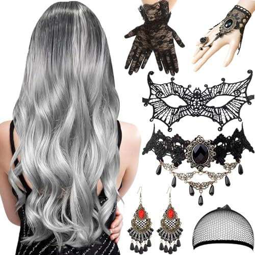 Perücke Damen, 70cm Halloween Perücke hexe Damen Grau, Perücke Halloween Damen Set, Lange Gewellt Silber Grau Perücke, Halskette Armband spitzenhandschuhe Ohrring Maske für Halloween Maskerade Cosplay