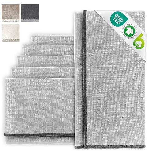 MIQIO® Tovaglioli in cotone di design, set da 6 pezzi, 45 x 45 cm, tovaglioli in tessuto con elegante cucitura decorativa, in 100% cotone biologico, certificato GOTS, BCI e Ökotex, grigio chiaro