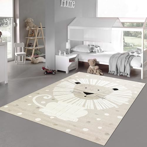 Teppich-Traum Kinderteppich Löwenmuster Beige Creme 140x200 cm | Safari-Design, Raubtier, Hoch-Tief-Effekt, weich, pflegeleicht, strapazierfähig, OEKO-TEX, Kinderzimmer und Babyzimmer