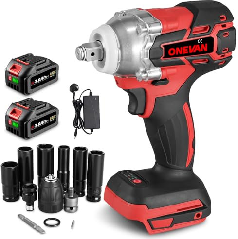 ONEVAN Cordless Impact Wrench Electric Impact Driver - 221 Ft-lbs (300 N.m) Brushless 1/2-Inch Lithium-Ion Impact Gun for Car Tyre Change (Incl. 2 Batteries)