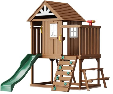 VEVOR Outdoor Wooden Playhouse, Modern Cedar Playhouse for Age 3-10 Years Kids, Garden Games Cottage, Country Style Cedar with Slide, Ladder, Climbing Wall, Windows, Picnic Table and Bench