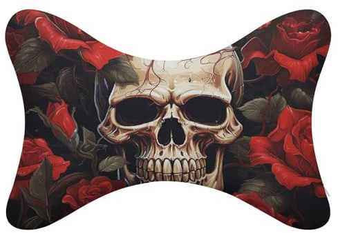 NWTRJ Lot de 2 coussins de nuque de voiture en forme de tête de mort rose rouge ultra confortable et doux pour siège de voiture, coussin appuie-tête universel, respirant et amovible pour la conduite,