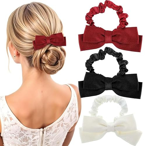 Mabor - Set di 3 elastici per capelli con fiocco, nero, rosso, bianco, per codine, matrimoni, addii, feste Natale, accessori spessi lunghi, da donna
