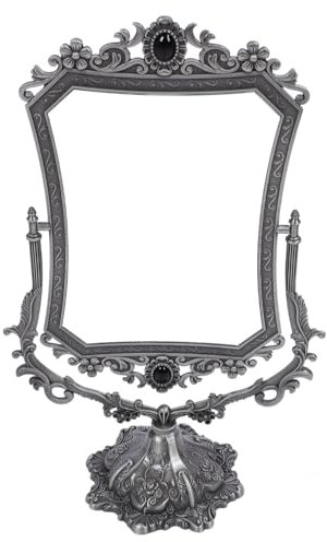 Luocute Antiker, Dekorativer Tisch-Make-up-Spiegel aus Metall mit Ständer, Drehbarer, Doppelseitiger Vintage-Kosmetikspiegel, um 360 Grad Drehbar, Ovaler Retro-Desktop-Schminkspiegel für
