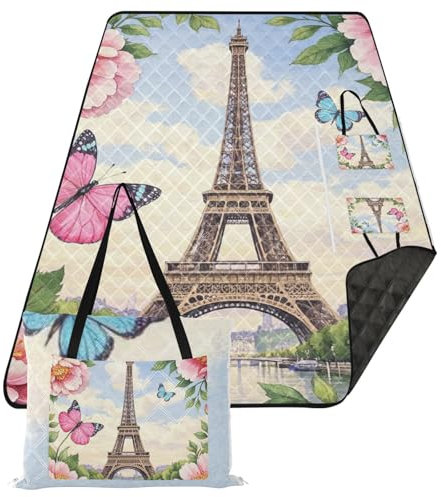 Picknickdecke mit rosa Blumen, romantischer Eiffelturm, wasserdicht, tragbar, für drinnen, Camping, Bodenmatte für Outdoor-Menschen, Paare, Geschenk, Colchoneta Para, Picknick