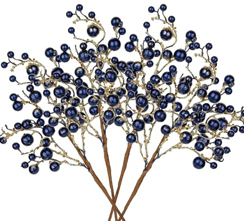 4 piezas de ramas de bayas de Navidad grandes con purpurina, bayas artificiales en tallos de 48 cm, ramas de arándanos azules artificiales para decoración de árbol de Navidad, arreglo floral, relleno