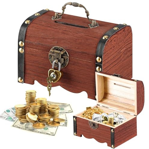 Forbabe Baule del tesoro in legno, vintage, con lucchetto, piccolo scrigno del tesoro dei pirati, per il compleanno dei bambini, con coperchio per riporre e decorare (14,5 x 10,5 x 10,3 cm, marrone)