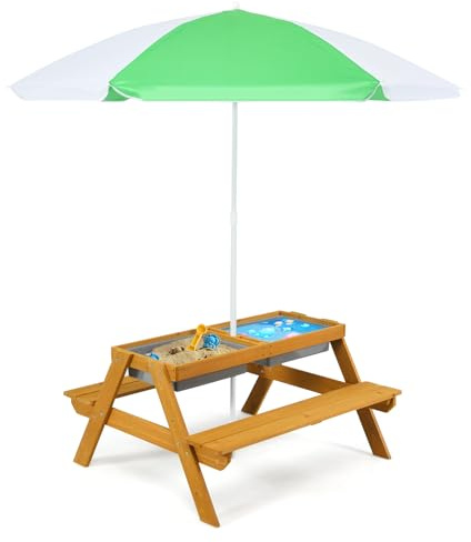 SOARS 3 in 1 Table Exterieur Enfant en Bois de Sapin, avec Parasol Réglable en Hauteur, Plateau de Table Amovible & 2 Boîtes de Jeu, Charge 50KG, pour Garçon & Fille 3-7 Ans (Vert + Blanc)