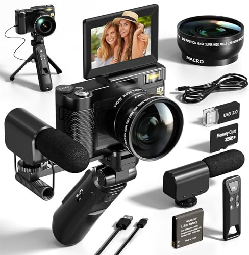 NBD 4k Digital Cameras for Photography, 48MP Video/Vlogging Camera for YouTube, Vlogger Kit, Content Creator Kit-Microphone & Remote Control Tripod Grip, Travel Camera