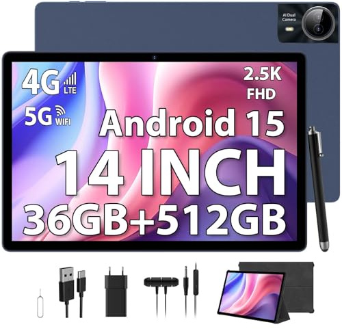 PIXPEAK 2.5K Android 15 Tablette 14 Pouces, 36GB RAM, 512GB ROM (Extension 2TB), 4G Lte/5G WiFi, INCELL 2240 x 1400 FHD, 11580mAh, Octa-Core, 13MP+8MP, Tablette Tactile avec étui/GPS/Bluet (Bleu)