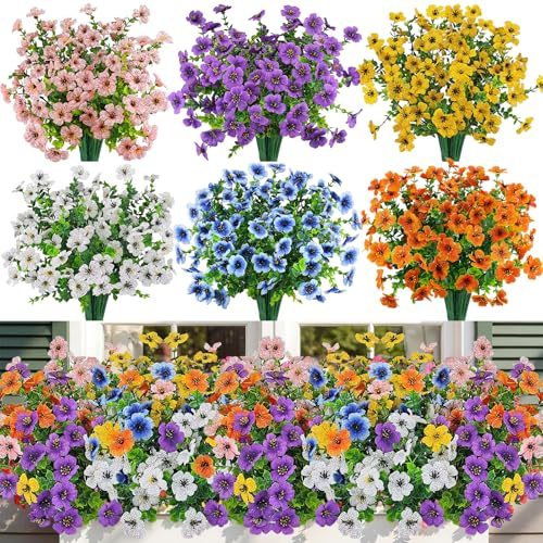 Artificial Flowers for Outdoor, 24 Bundles Fake Flowers 6 Colors Decorative Artificial Silk Flowers, UV Resistant Plastic Faux Plants for Garden, Outside, Porch, Home, Hanging Basket, Fence, Indoor