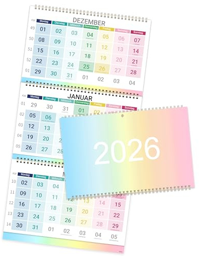 3 Monatskalender 2026 - Wandkalender 2026, Monatskalender von Dezember 2025 bis Januar 2027, 79.5 x 29.5 cm, Mehrfarbig