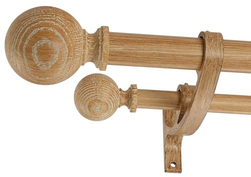 Doppelte Holz-Gardinenstangen für Fenster, 91,4 bis 183,9 cm, 2,5 cm vorne und 1,6 cm hinten, Bauernhaus-Gardinenstange mit Holzmaserung, Kugel-Endstücke und doppelter Aluminiumhalterung, helle