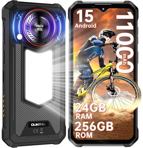 OUKITEL WP53 Pro Outdoor Handy Android 15-11000mAh Outdoor Smartphone Ohne Vertrag 24GB + 256GB, 6.52” Display 128dB Lautsprecher Baustellenhandy mit 900 Lumen Campinglampe, NFC/GPS/Face ID