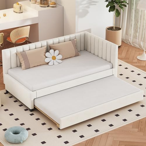 NovaFurnish Polsterbett 90X200, Ausziehbares Schlafsofa, Multifunktionsbett mit Lattenrost, Jugendbetten Kinderbetten Gästebetten, Samtstoff(Beige, 90X200cm+ Ausziehbares)