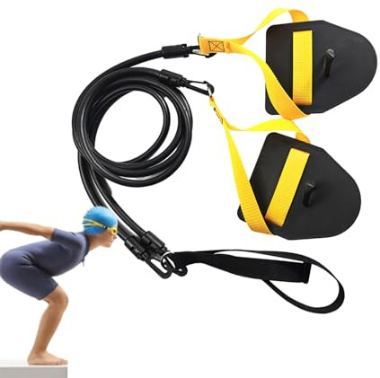Swimming Resistant Exercise Bands, Elastic Strength Band with Swim Paddle Fins, Portable Swimming Stretch Belt, Adjustable Resistances, Ideal for Land and Water Training Use