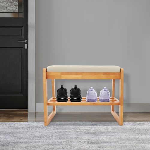 TyochiAki Zapatero con asiento de madera maciza, 55 x 34 x 42 cm, zapatero para entrada, salón, pasillo (color cerezo)