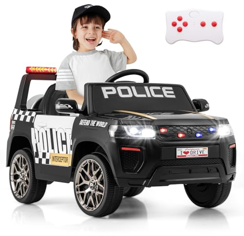 COSTWAY 12V Voiture Électrique Enfant en Forme Police avec Télécommande 2,4G, Véhicule Électrique Enfant 4x4 avec Musique & Lumières LED Clignotantes, 3 Vitesses, Charge 30kg pour 3-8 Ans (Noir)