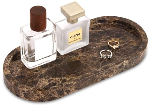 Marmor Badezimmer Tablett Oval, Dunkelbraun, 25 x 12 x 2 cm | Dekotablett, Kosmetiktabletts für Schminktisch, Schmuck, Gewebe, Kerzen, Handtuch, Pflanze, Schmucktablett