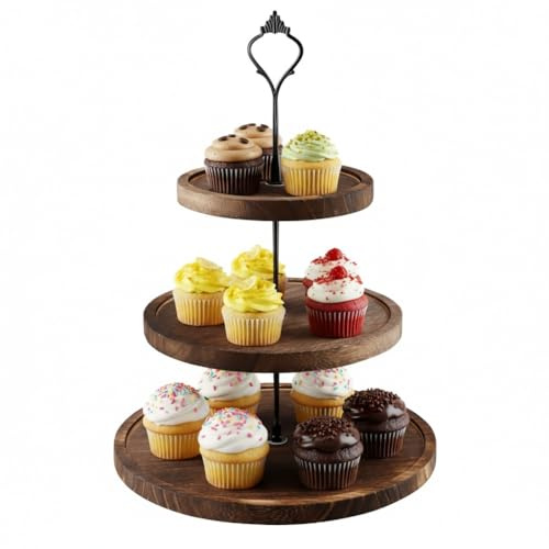 Soporte para Tartas 3 Niveles de Madera, Soporte Redondo para Cupcakes y Magdalenas con Asa de Metal, Expositor para Frutas y Postres, Ideal para Bodas, Cumpleaños, Navidad