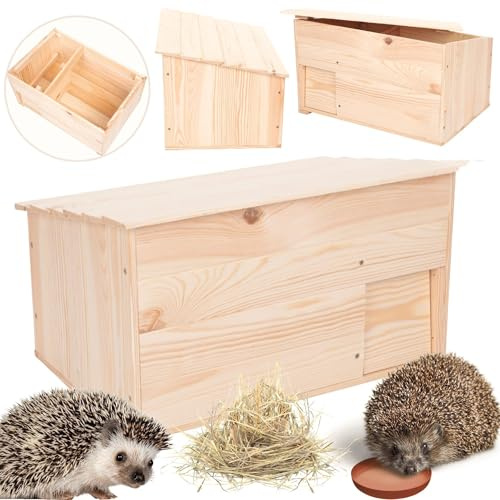 MODO24 Igelhaus aus Holz, Stabiles Igel Winterquartier mit Labyrintheingang, Boden & Trennwand, Igelhütte/Igelhotel für Winterschlaf, inkl. Heu & Futterschale, Maße 27x45x33 cm, Natur imprägniert