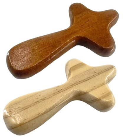 AEUXZA 2 Stück Handschmeichler Kreuz Holz, 10cm Trostkreuz aus Kiefernholz, Handkreuz Set in Walnuss & Natur, Ergonomisches Gebetskreuz Religiöses Geschenk für Frauen Männer
