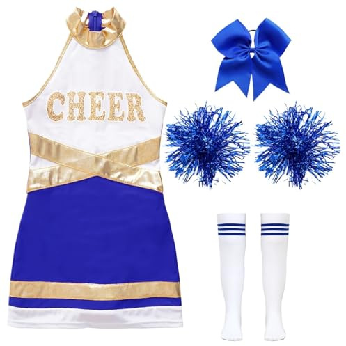 ZFIHAV Cheerleader-uniform barn Cheerleading, uniform, klänning, barn, jubeldans, kläder, danskläder, set, Cheerleader-kostymer med blombollar, lagkläder för kvinnor (B blå, 8)