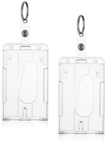 DOPENSPI 2Stück Ausweishülle Hartplastik,Ausweishalter Bürobedarf(vertikal) | mit SchlüsselanhängerHard Clear Badge Holder, ID Kartenhalter, durchsichtiger Kartenschutz Daumenschlitz Kartenetui Schule