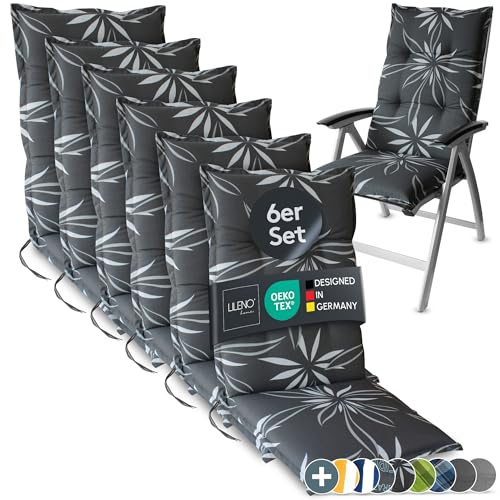 LILENO HOME Gartenstuhl Auflagen als [6er Set - Hochlehner] in Blume Anthrazit-Weiß - Bequeme Liegen als Sitzauflagen für Gartenmöbel - Stuhlkissen für Gartenstühle und Klappstühle