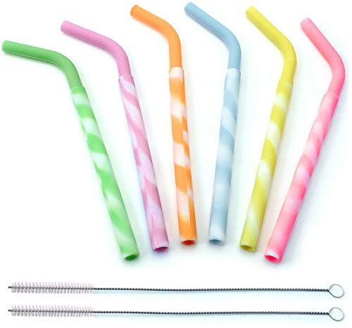 igadgitz home Reusable 100% Food Grade BPA Free Soft Silicone Straight & Bendy Drinking Straws with Metal Cleaning Brushes – Set of 6 (Purple, Orange, Yellow, Pink, Green, Blue)