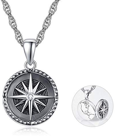 KINGWHYTE Collar con medallón de plata de ley, brújula, foto, colgante de memoria, para mujeres y hombres, con cadena de acero inoxidable, 50 cm, 50cm, Plata esterlina