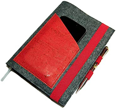 Kalenderhülle mit Handyfach + Stifthalter + Kreditkartenfach aus Wollfilz Filz Kork für Din A5 Buchkalender, Notizbuch, nachhaltig