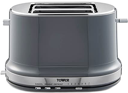 Tower T20043GRP Belle 2-Slice Toaster with 7 Browning Settings, Defrost/Reheat/Cancel, 800 W, Graphite