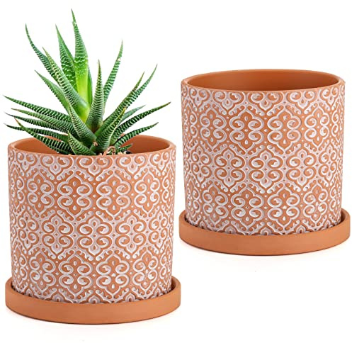 Frcctre 2er Set Terrakotta Töpfe für Pflanzen, 13 cm, Sukkulenten-Übertopf mit Drainageloch und Untersetzer, Tontöpfe für Zimmerpflanzen, Kakteen, Sukkulenten, Kräuter